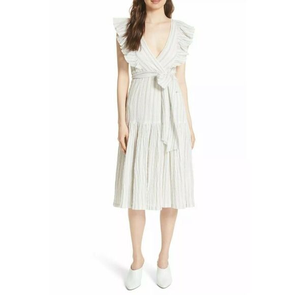 Rebecca Taylor White & Blue Yarn Dyed Striped Ruffle Sleeve Midi Tiered Dress 6 - Picture 1 of 12
